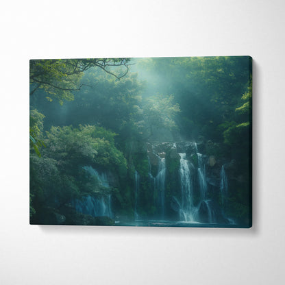 Waterfall in dense green forest canvas wall art with mist and soft sunlight decor.