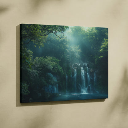 Waterfall in forest canvas wall art with misty green trees and cascading water decor.
