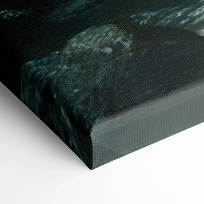 Dark forest waterfall close-up printed on textured canvas wall art decor edge.