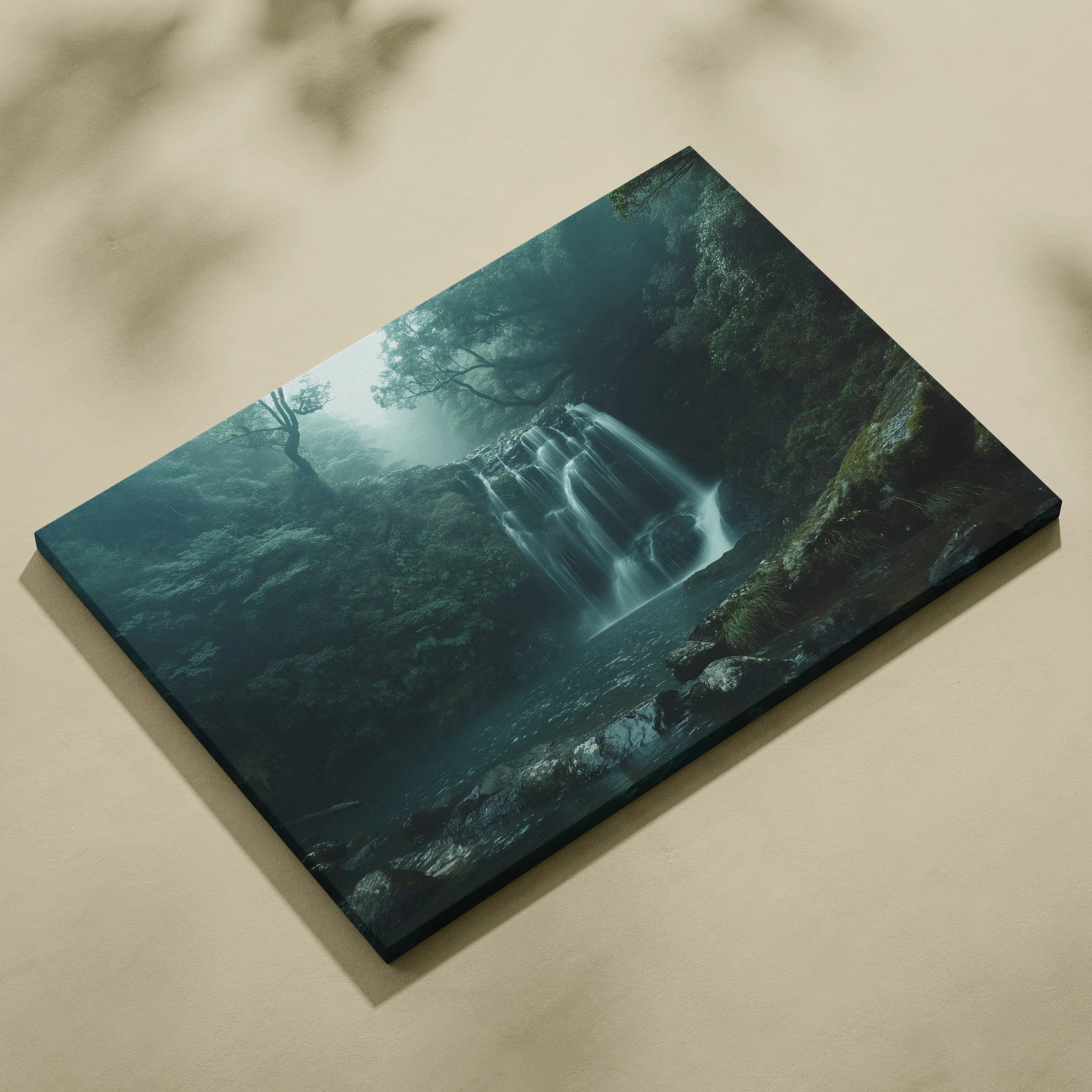 Canvas wall art featuring a misty forest waterfall in dark green and blue tones, high-resolution nature decor.