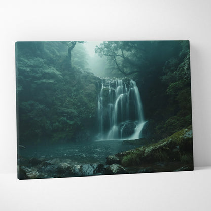 Waterfall canvas wall art with misty forest scene in dark green tones, nature decor.