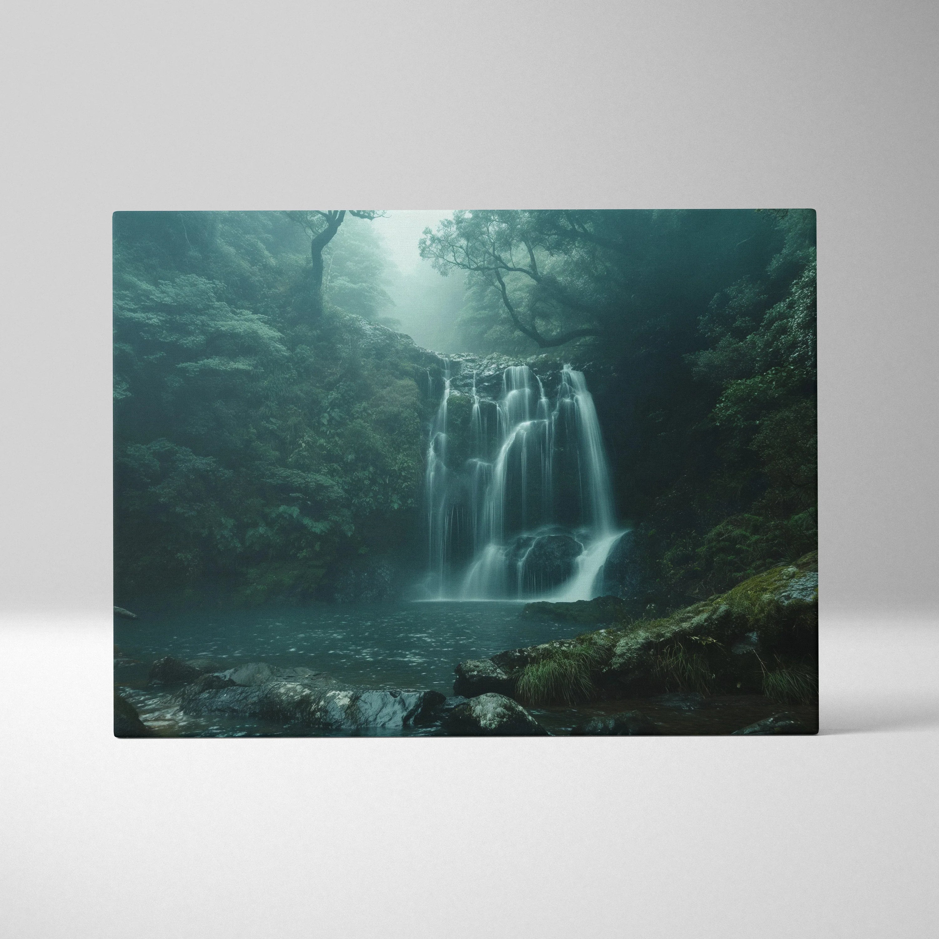 Canvas wall art featuring a high-resolution digital waterfall in a misty forest with lush green foliage and flowing water.