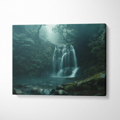 Waterfall canvas wall art with misty forest scene in cool blue-green tones, nature decor.