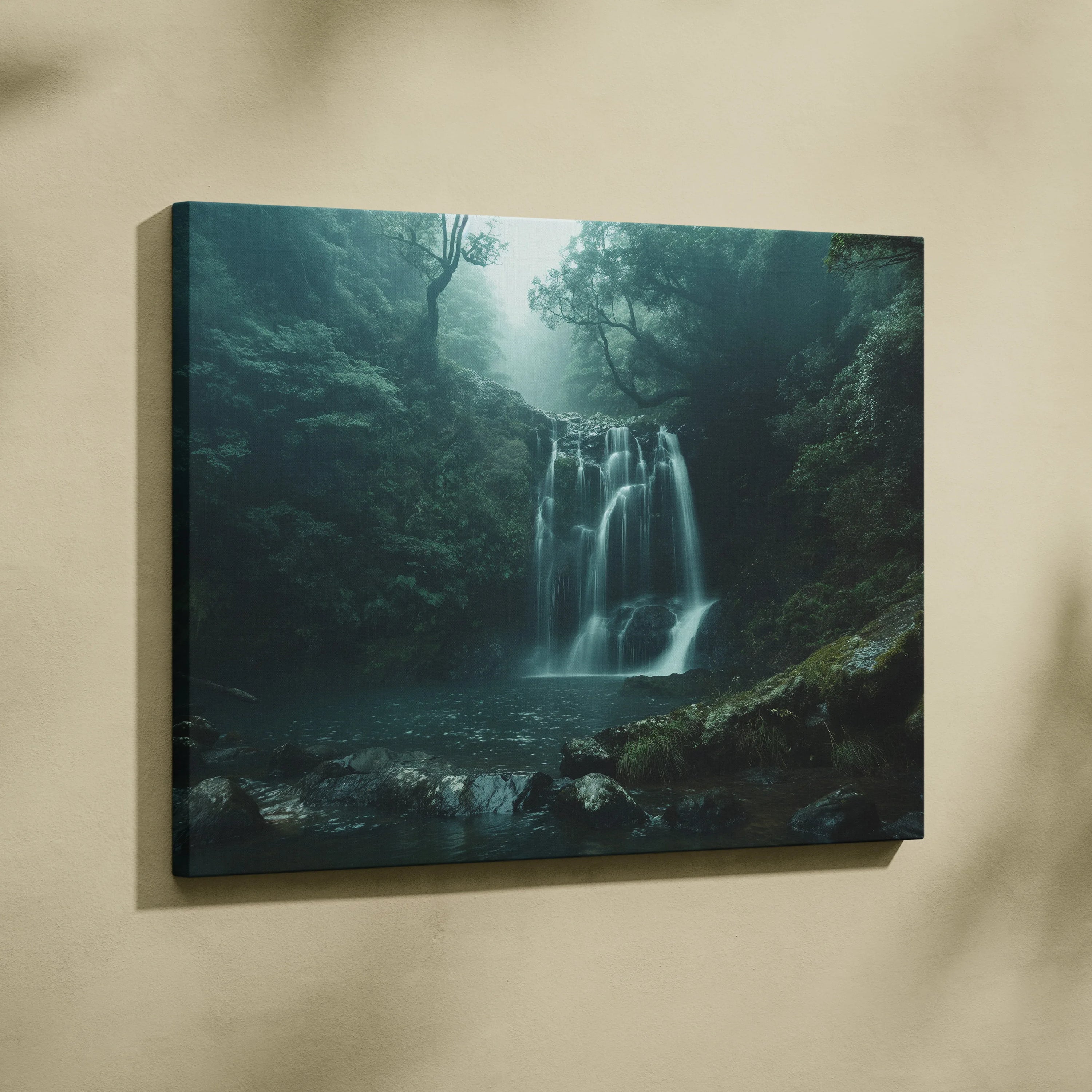 Waterfall forest scene canvas wall art with misty greenery in high-resolution decor.