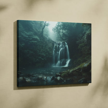 Waterfall forest scene canvas wall art with misty greenery in high-resolution decor.