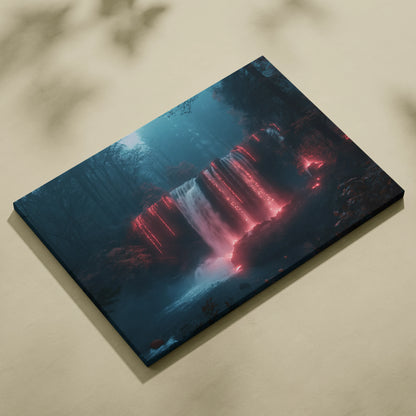 Canvas wall art featuring a dark waterfall scene illuminated by glowing red lights, nature decor.