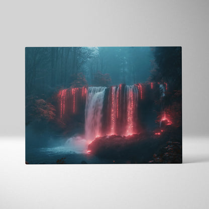 Canvas wall art featuring a glowing red waterfall in a dark, misty forest nature scene.