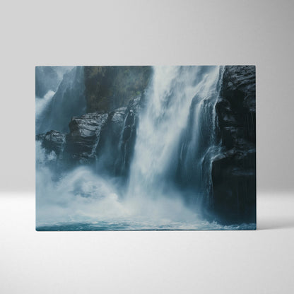 Canvas wall art featuring a misty rocky waterfall with cascading white and blue water flow.