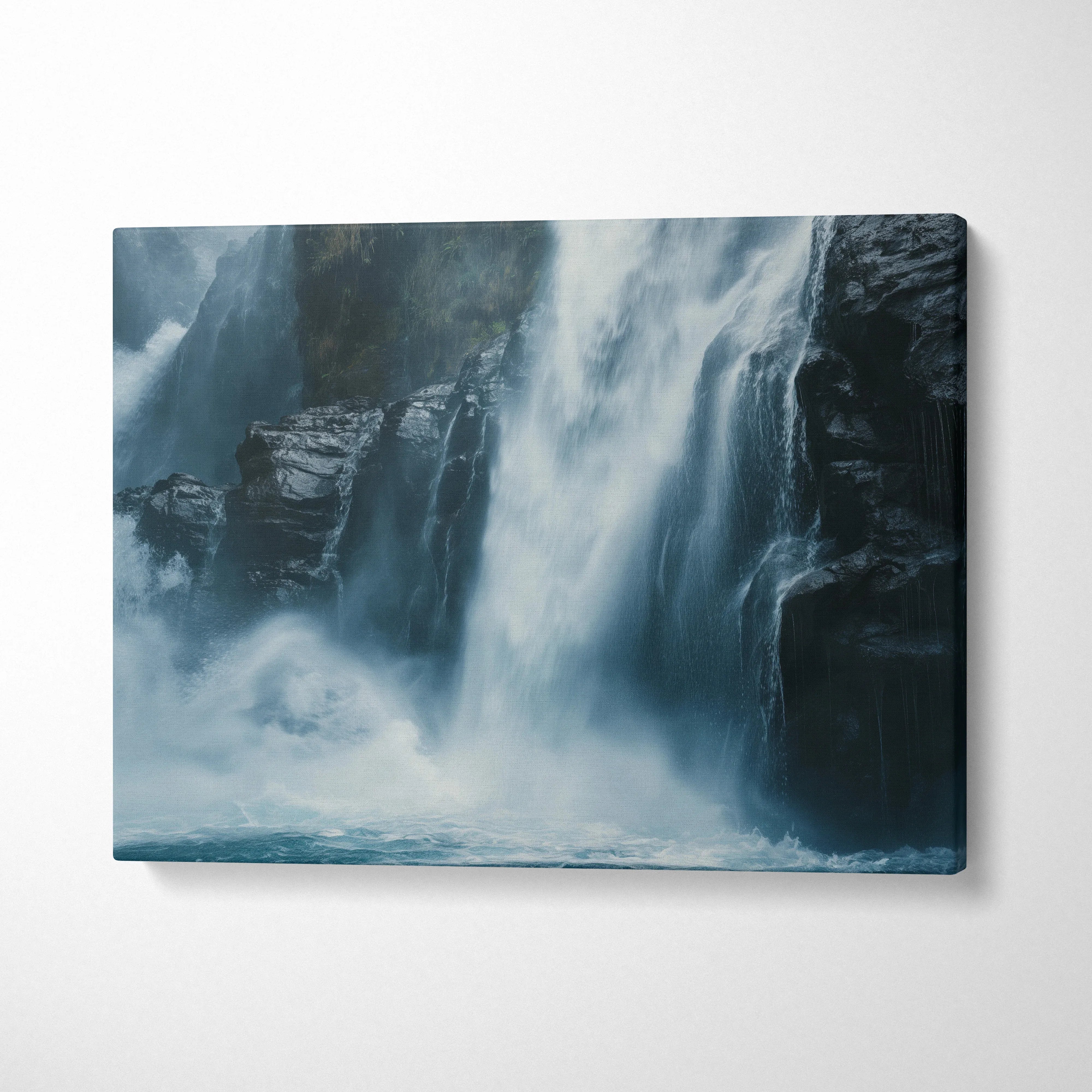 Canvas wall art featuring a misty rocky waterfall scene with flowing water and natural decor ambiance.