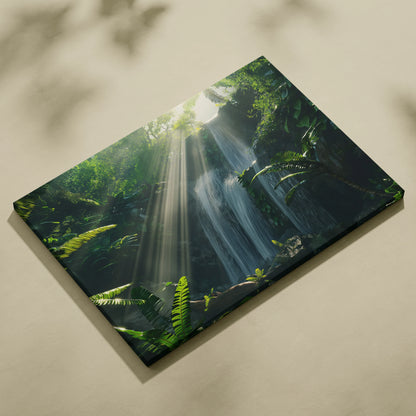 Tropical forest waterfall canvas wall art with sun beams and lush green foliage decor.