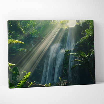 Canvas wall art featuring a lush tropical forest with a cascading waterfall and sunbeams filtering through dense green.