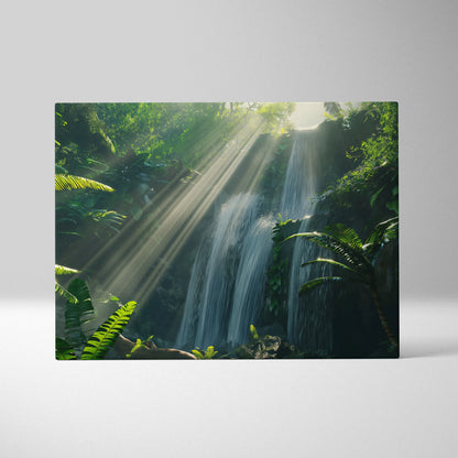 Canvas wall art featuring a lush green tropical forest with sunlight beams shining through trees onto a flowing waterfall.