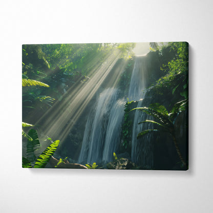 Tropical forest waterfall with sun beams canvas wall art featuring lush green foliage and cascading water decor.