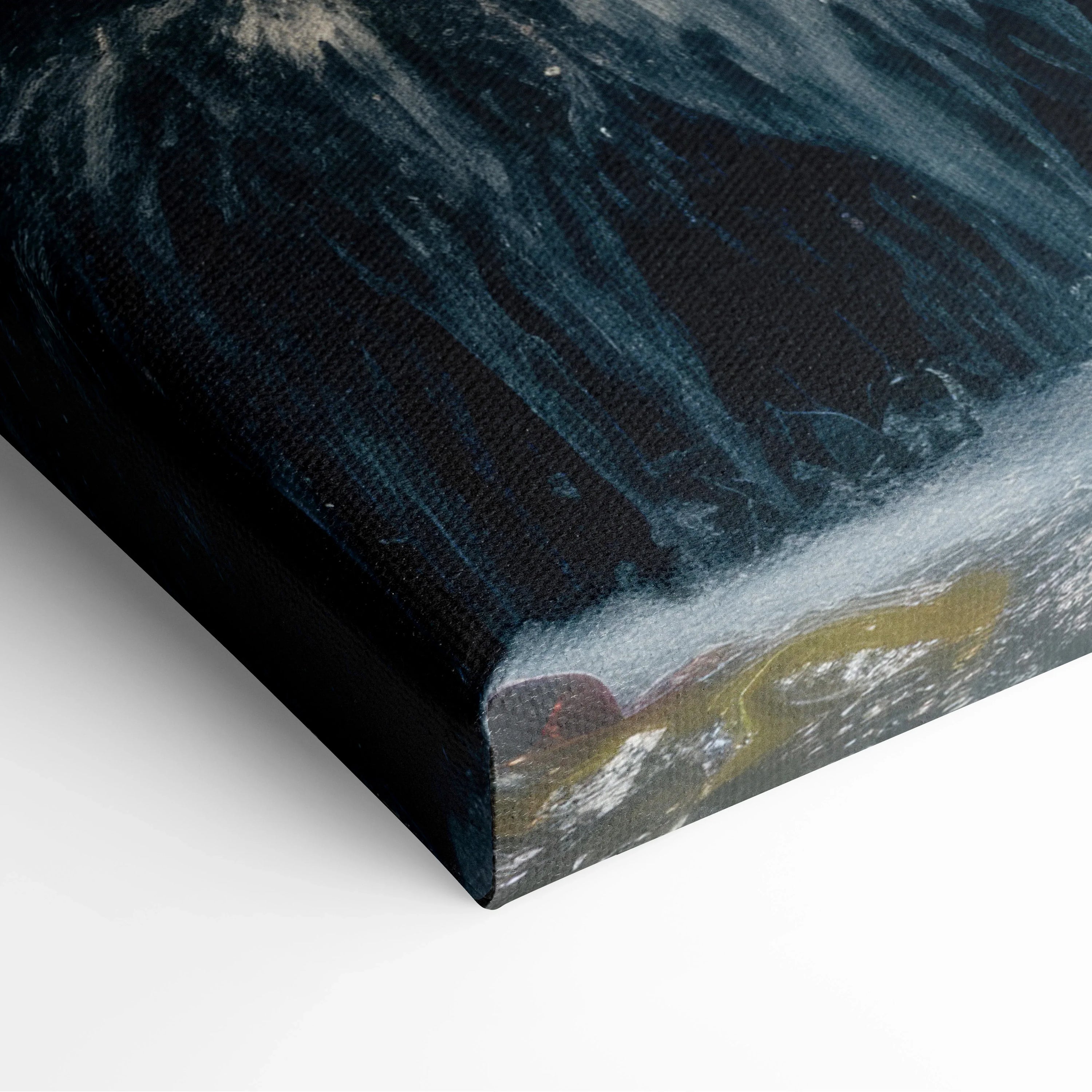 Close-up of waterfall-themed canvas wall art with dark blue and green tropical forest tones.