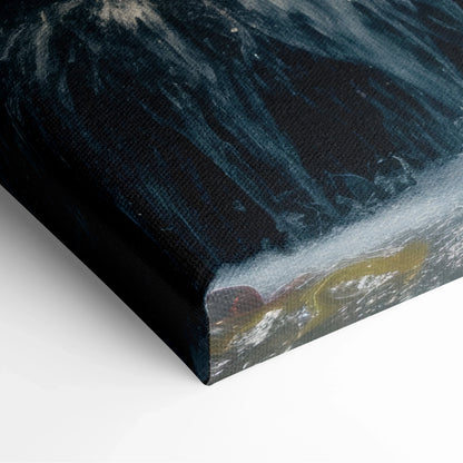 Close-up of waterfall-themed canvas wall art with dark blue and green tropical forest tones.