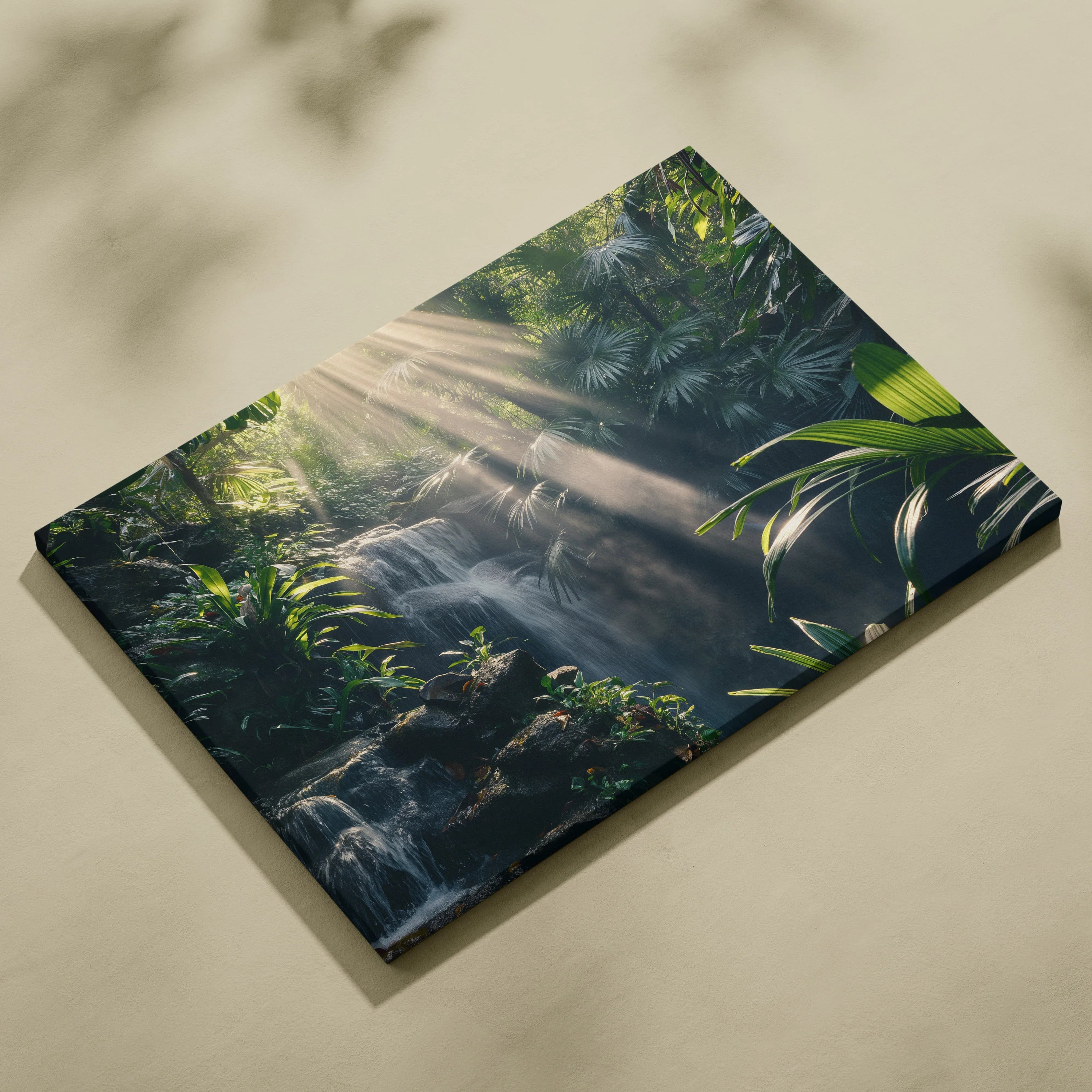 Canvas wall art depicting a tropical forest with a flowing waterfall and rays of sunlight filtering through dense green.