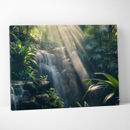 High-resolution canvas wall art of a lush tropical forest with sunlight streaming over a cascading waterfall.