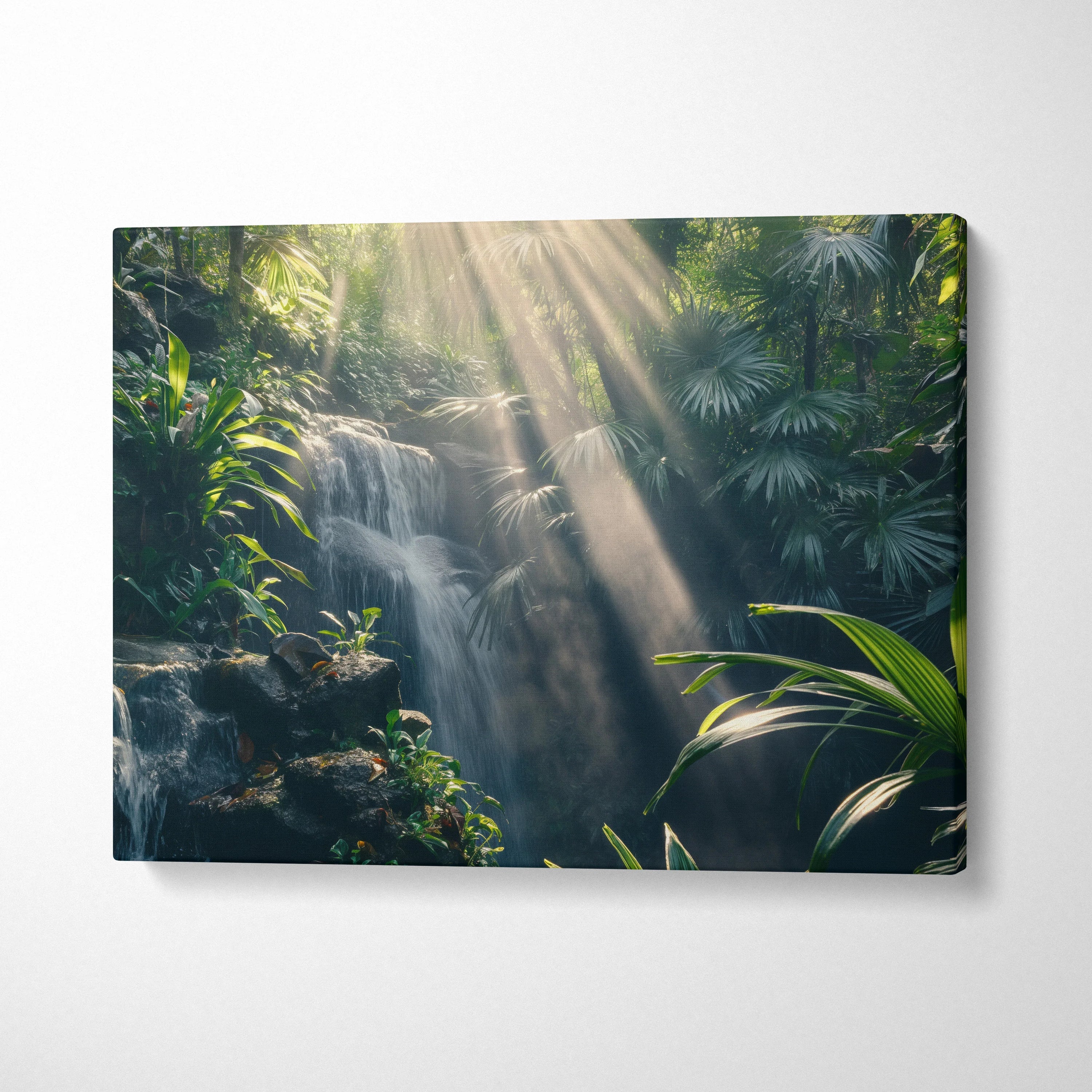 Tropical forest waterfall canvas wall art with sunlight beams and lush green foliage decor.