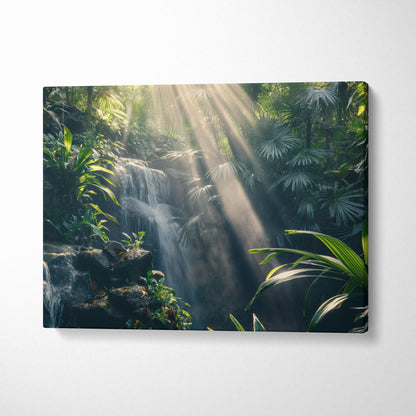 Tropical forest waterfall canvas wall art with sunlight beams and lush green foliage decor.