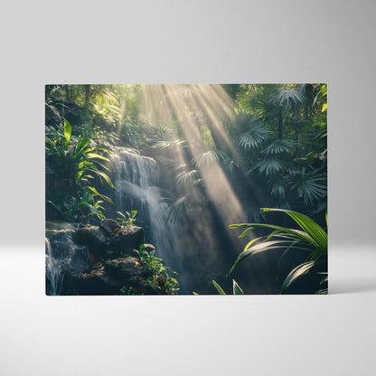 High-resolution canvas wall art featuring a tropical forest waterfall with sunlight rays filtering through lush green.