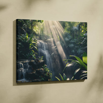 Canvas wall art featuring a tropical forest waterfall with sunlight streaming through green foliage.