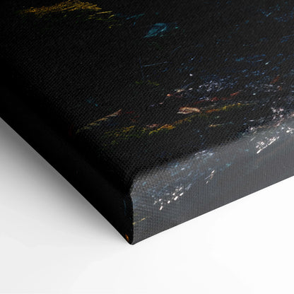 Close-up of canvas wall art corner featuring a dark forest scene with subtle mossy green and water highlights.