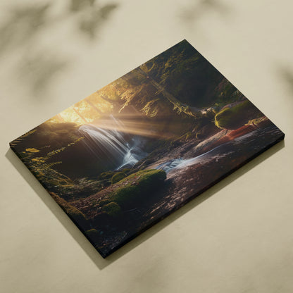 Canvas wall art featuring a sunlit waterfall cascading over mossy rocks in a tropical forest setting.