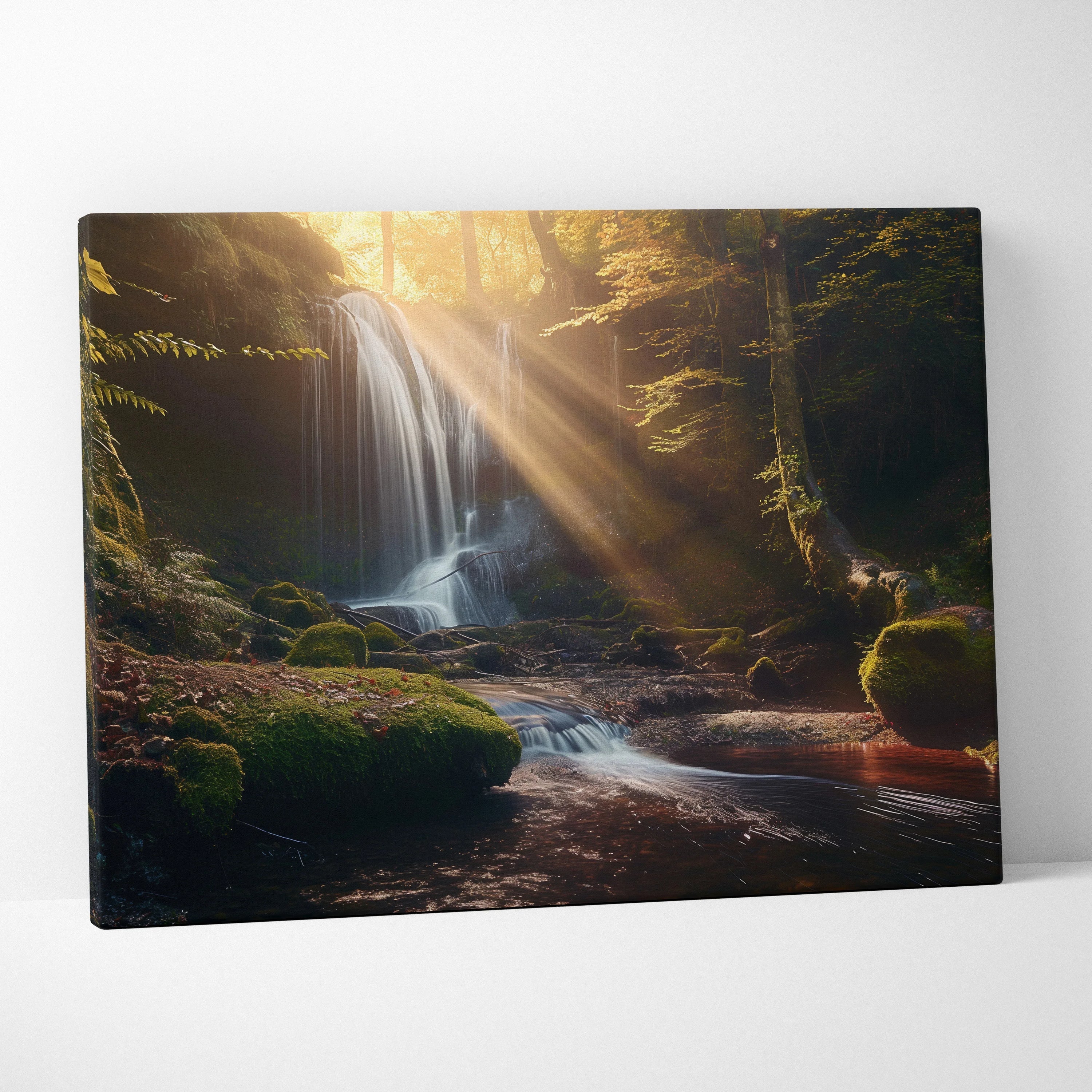 Canvas wall art featuring a sunlit tropical forest waterfall over moss-covered rocks with warm golden light rays.