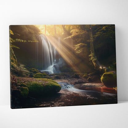 Canvas wall art featuring a sunlit tropical forest waterfall over moss-covered rocks with warm golden light rays.