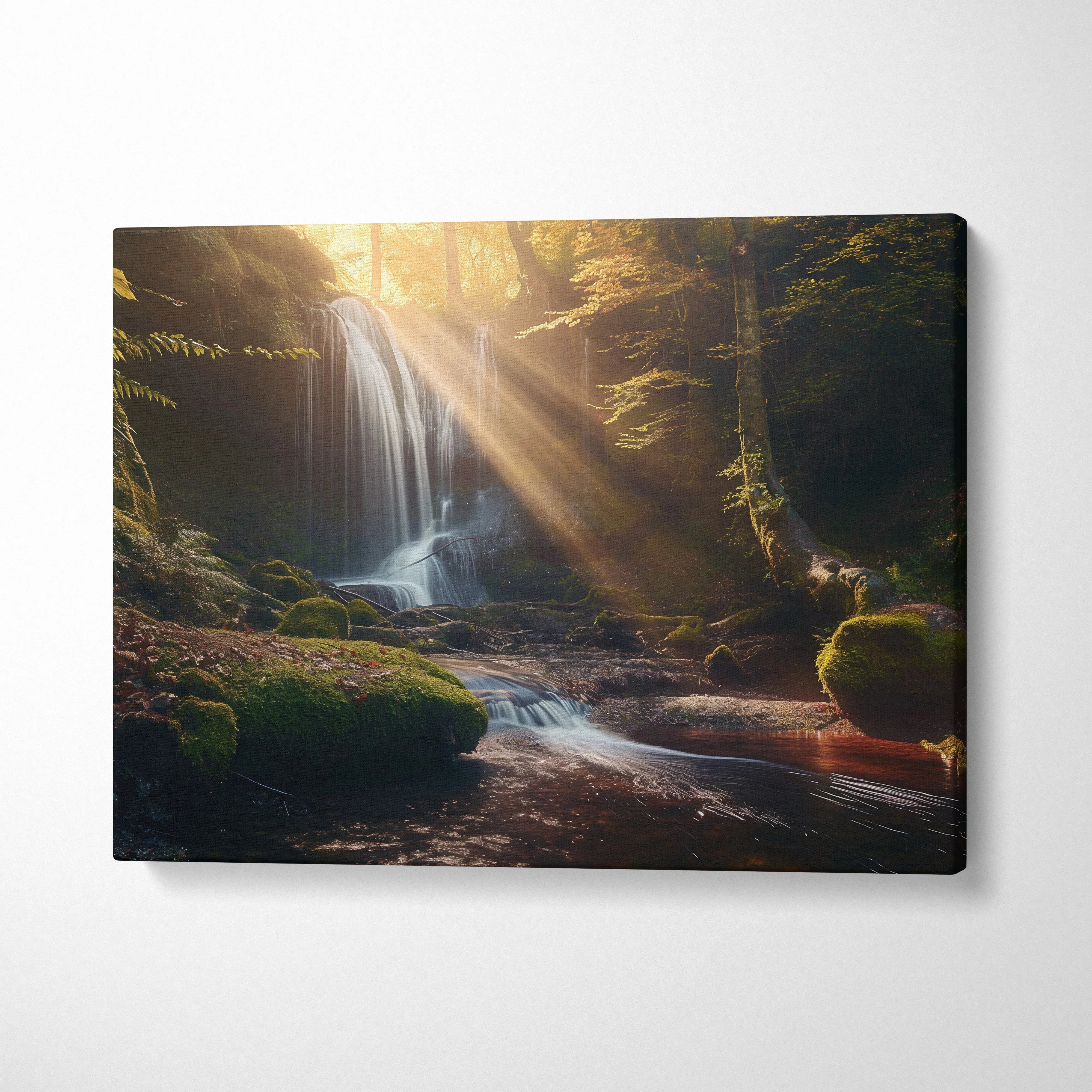 Canvas wall art depicting a sunlit tropical forest waterfall with mossy rocks and soft rays of light.