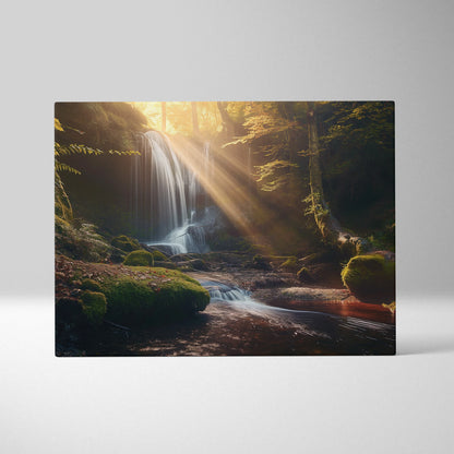 Canvas wall art featuring a sunlit tropical forest waterfall cascading over mossy rocks with golden light rays and lush.