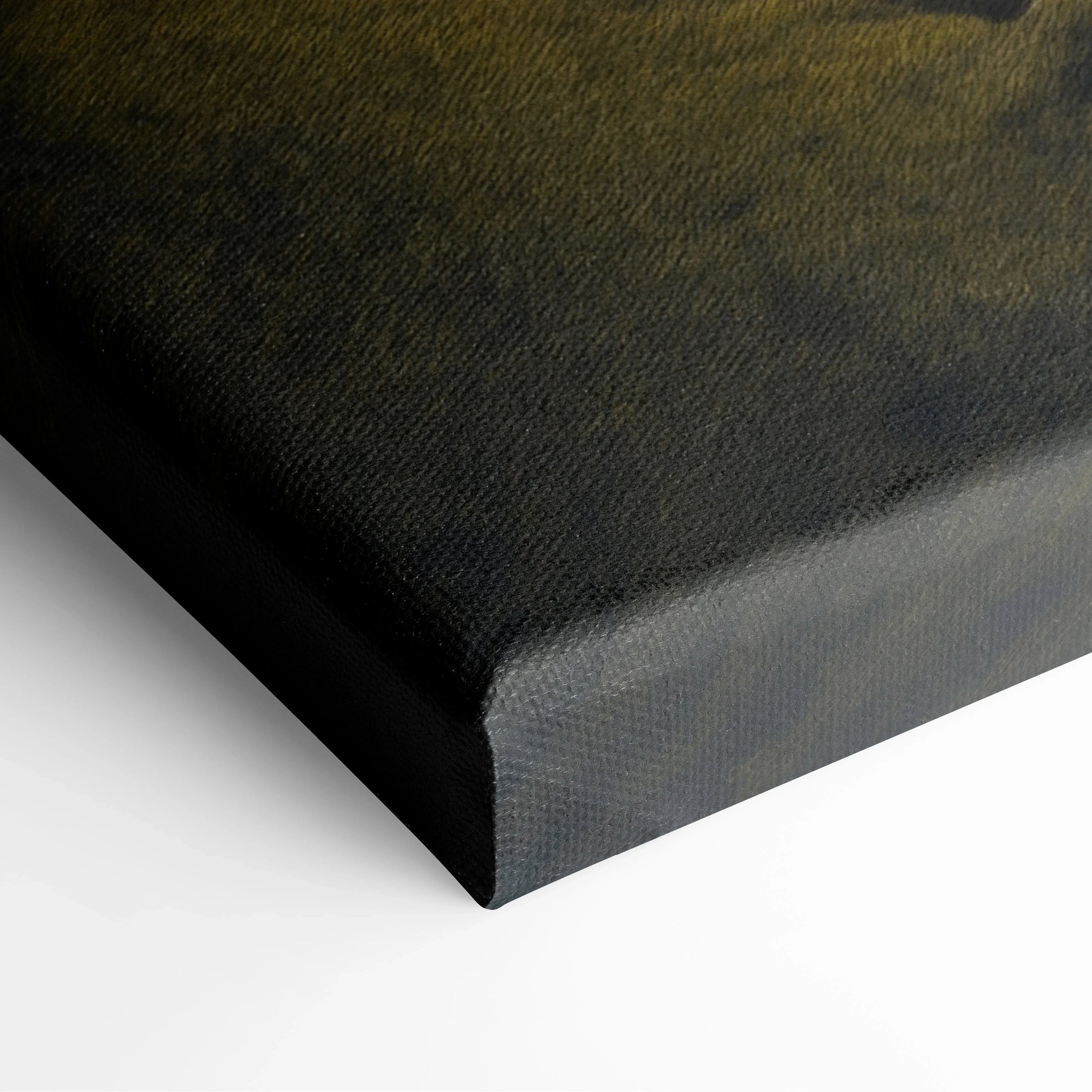 Close-up of gallery-grade canvas corner with textured surface and dark nature-inspired colors.