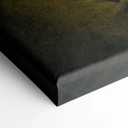 Close-up of gallery-grade canvas corner with textured surface and dark nature-inspired colors.