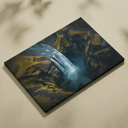 Rectangular canvas wall art featuring a high-resolution Iceland waterfall scene with mossy cliffs and flowing water in deep.