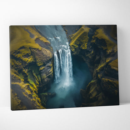 Canvas wall art depicting a high-resolution waterfall cascading through rugged mossy cliffs in earthy green and blue tones.