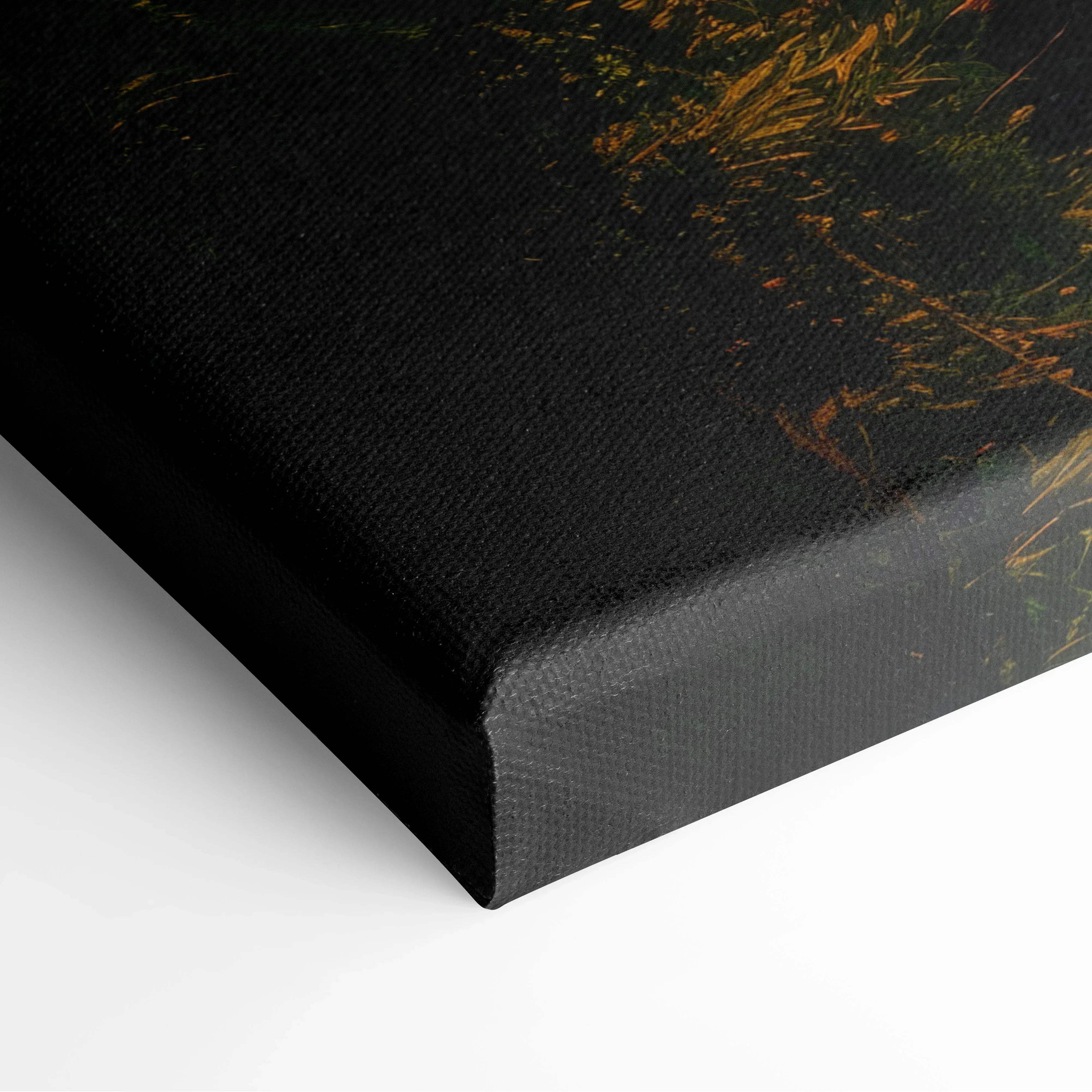Black canvas print with textured woven surface featuring impressionistic golden grasses and dark foliage landscape