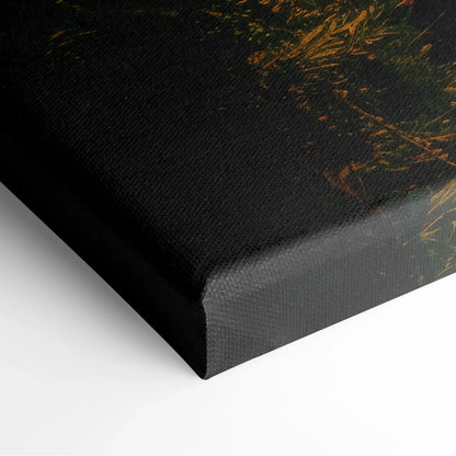 Close-up of canvas wall art corner showing textured black edge and subtle tropical forest sunset colors for decor.