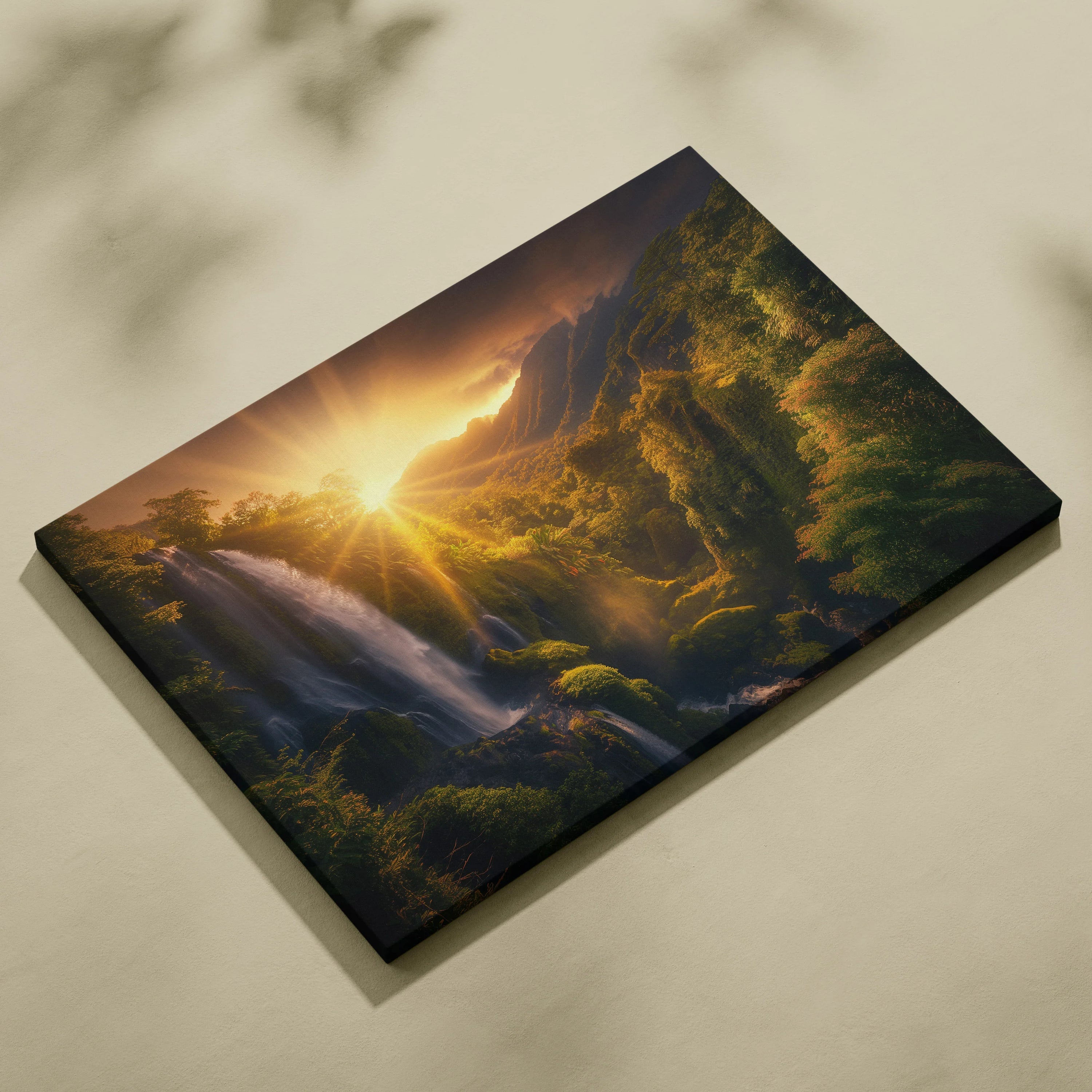 Canvas wall art featuring a tropical forest waterfall at sunset with warm sunlight and lush greenery decor.