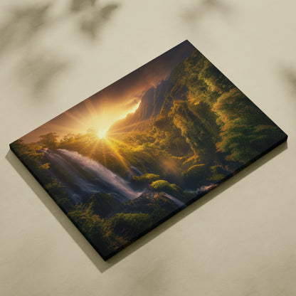 Canvas wall art featuring a tropical forest waterfall at sunset with warm sunlight and lush greenery decor.