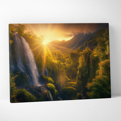 Canvas wall art depicting a vibrant tropical forest waterfall at sunset with warm golden light and lush greenery.