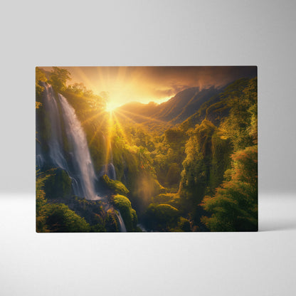 Canvas wall art of a tropical forest waterfall at sunset with golden light and lush greenery decor.
