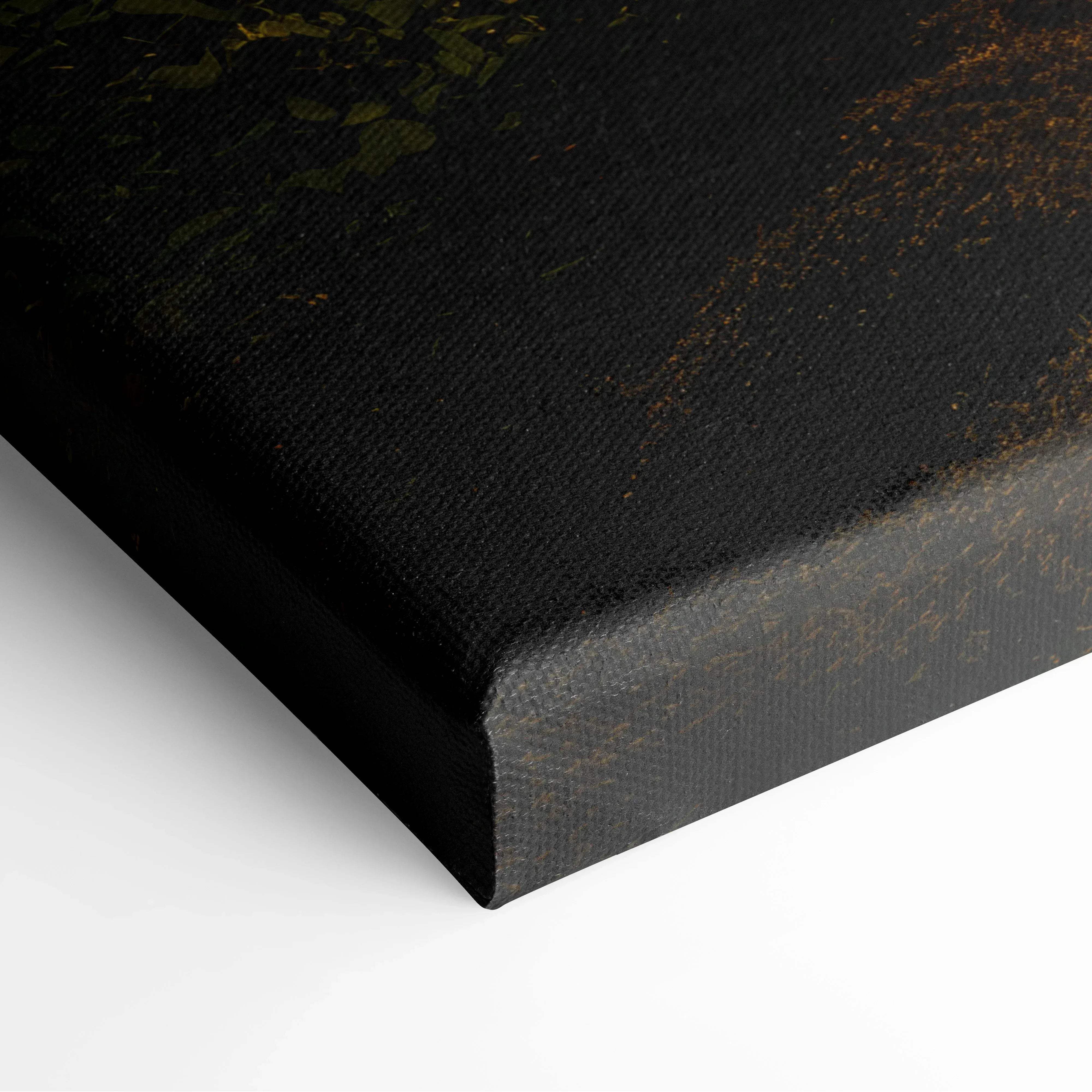 Black canvas print with textured surface and subtle golden accents inspired by sunlit forest waterfall artwork