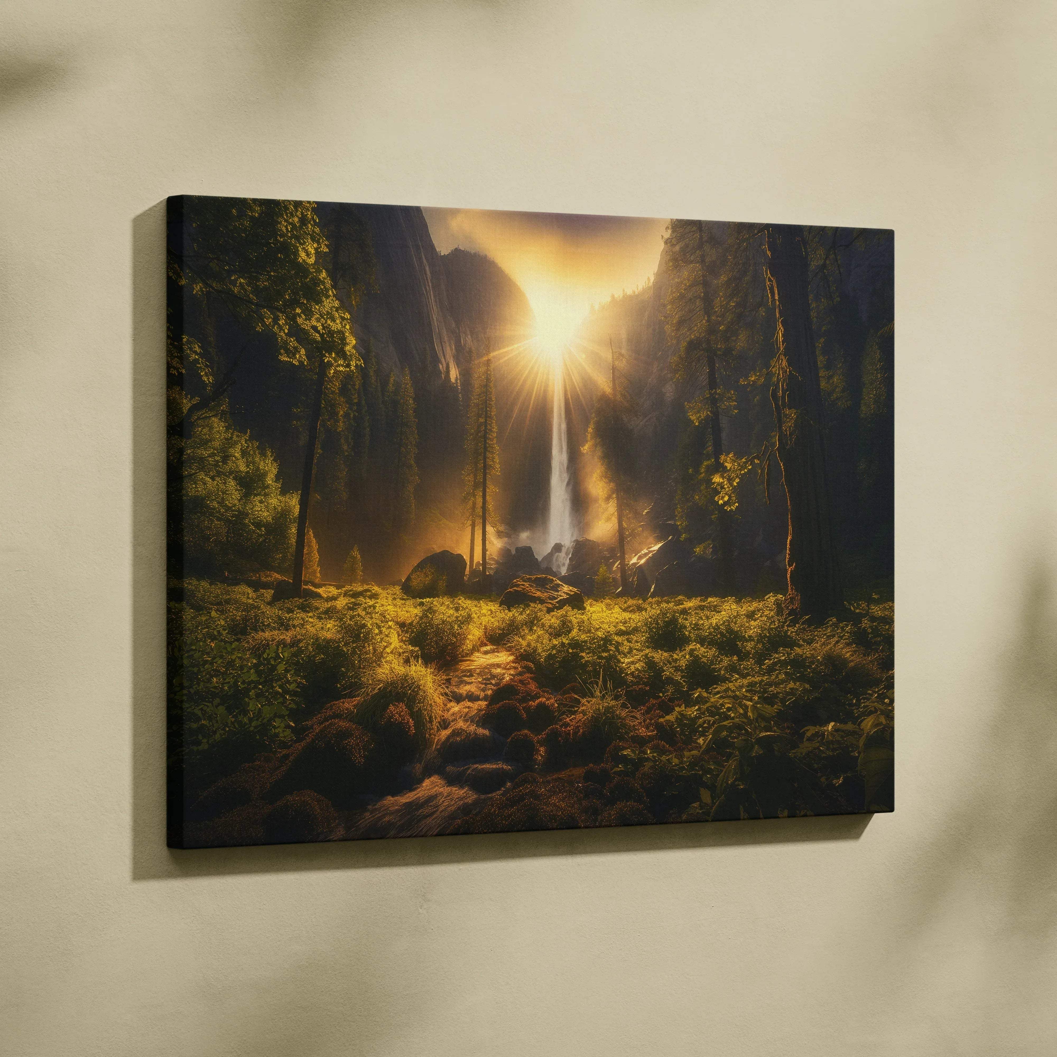 Rectangular canvas print of a sunlit forest waterfall with warm golden hour glow and misty trees on rocky terrain