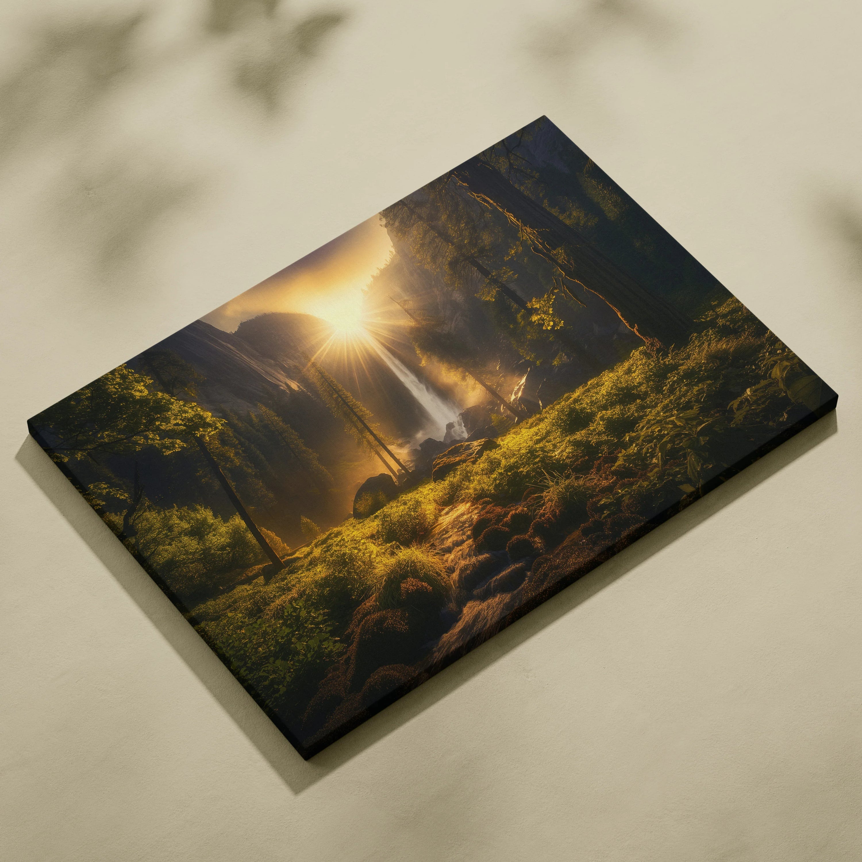 Sunset forest waterfall canvas wall art with lush greenery and warm golden light decor.