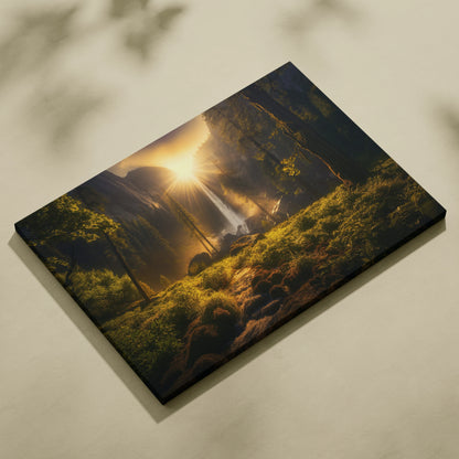 Sunset forest waterfall canvas wall art with lush greenery and warm golden light decor.