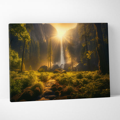 Canvas wall art featuring a sunlit forest waterfall with golden light filtering through trees over lush green moss and rocks.