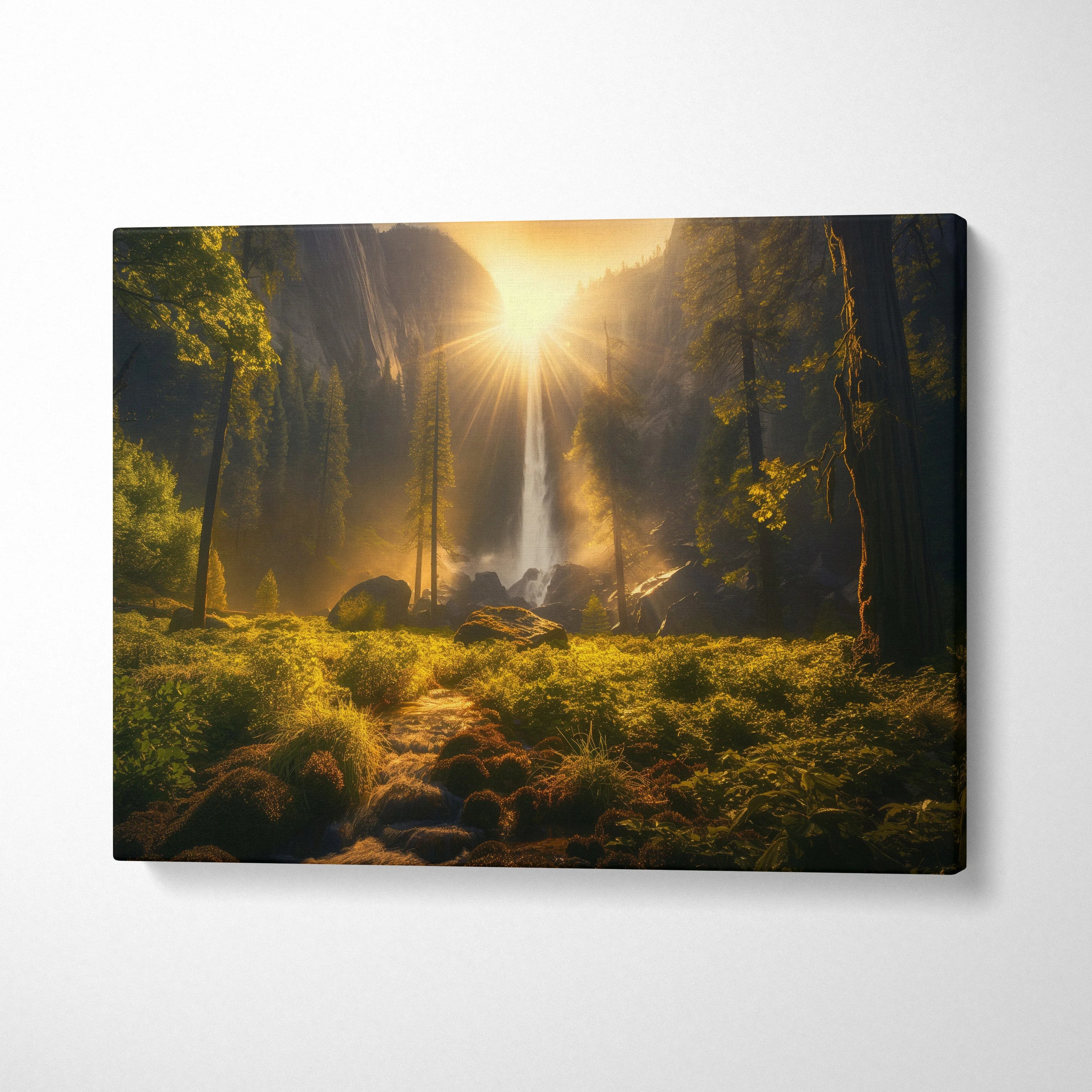 Sunlit forest waterfall canvas wall art with glowing sunlight and lush greenery decor.