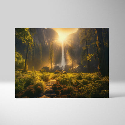 Canvas wall art featuring a glowing sunlit forest scene with a cascading waterfall and moss-covered ground.