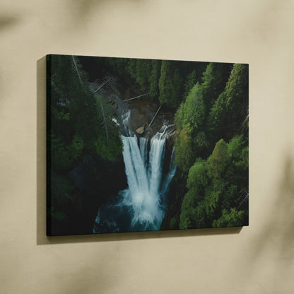 Aerial view forest waterfall canvas wall art with lush green trees and flowing water decor.
