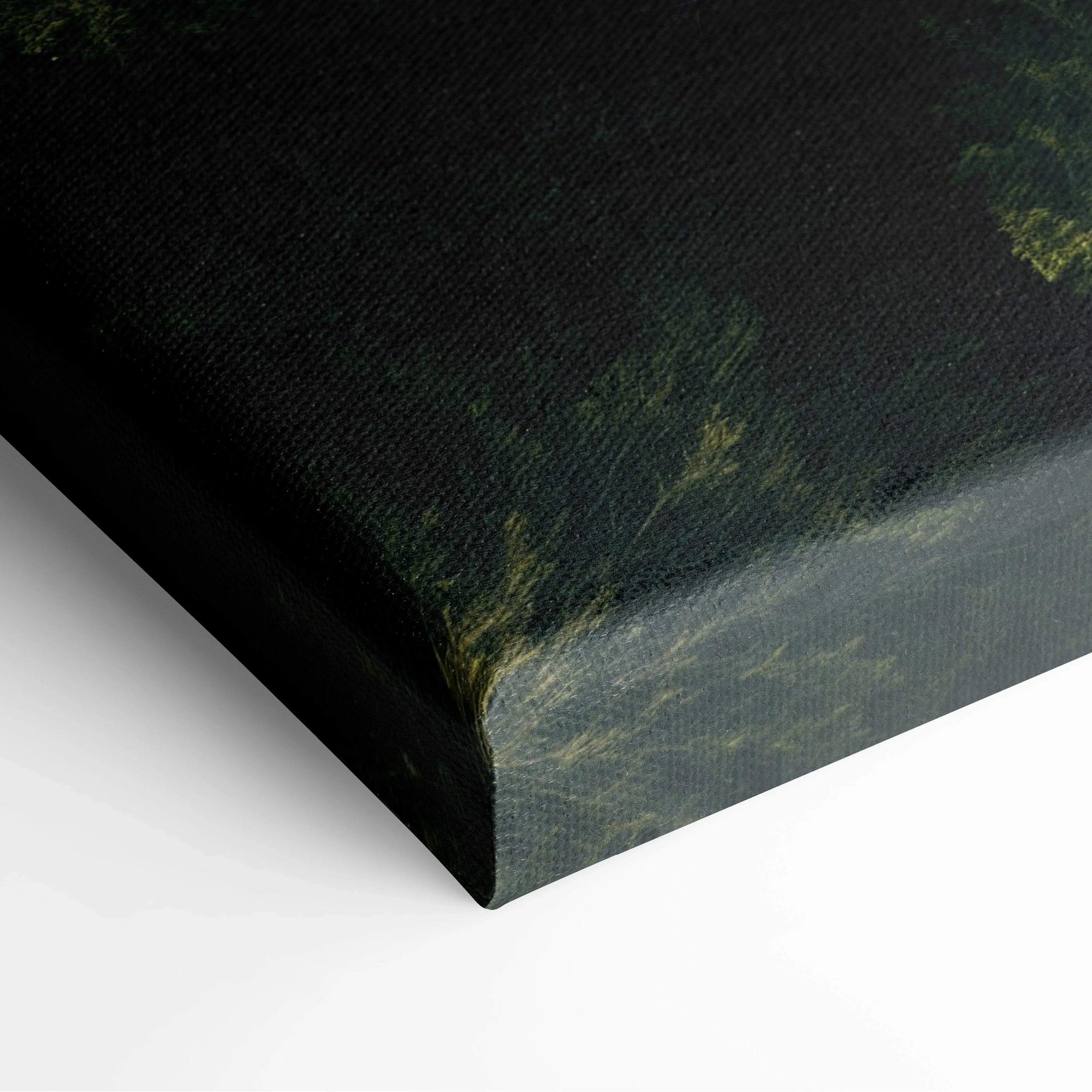 Dark canvas wall art featuring a forest waterfall with green foliage and flowing water details.